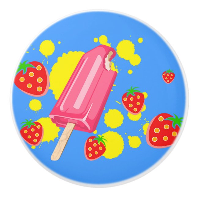 Bouton De Porte En Céramique Illustration Fun Pink Popsicle and Strawberries (Devant)