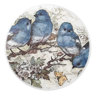 Bouton De Porte En Céramique Illustration Vintage de l'oiseau bleu nature migno