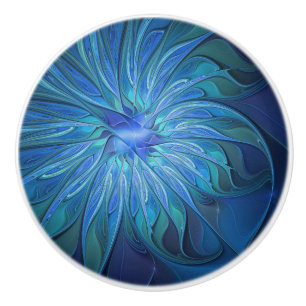 Bouton De Porte En Céramique Imaginaire Fleur Bleue Motif, Art Fractal Abstrait