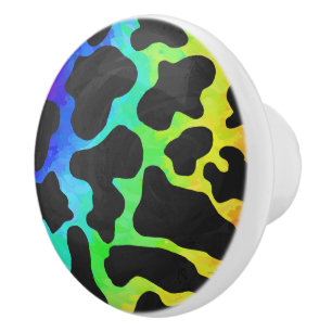Bouton De Porte En Céramique Impression noire et arc-en-ciel de vache