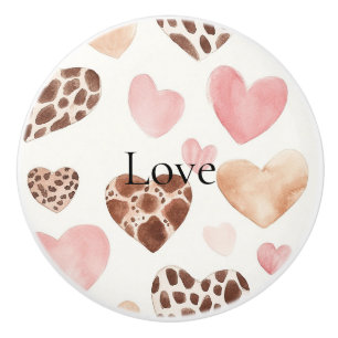 Bouton De Porte En Céramique Imprimé animalier léopard marron crème Cœurs roses