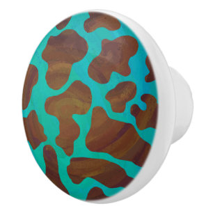 Bouton De Porte En Céramique Imprimé Vache Marron et Teal