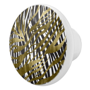Bouton De Porte En Céramique Imprimé zèbre noir et or Safari Chic Glamour
