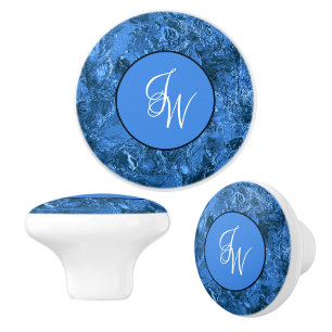 Bouton De Porte En Céramique Initiales entrelacées bleues marbrées 