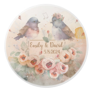 Bouton De Porte En Céramique Inséparables aquarelle avec roses pour mariage