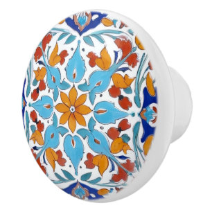 Bouton De Porte En Céramique Iznik Turc Orange Rouge Turquoise Bleu Floral