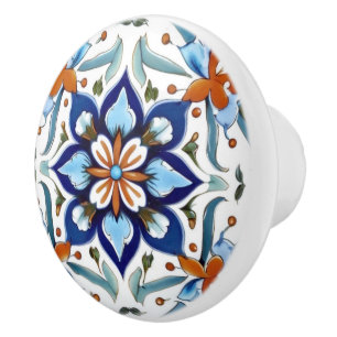 Bouton De Porte En Céramique Iznik Turc traditionnel Orange Rouge Bleu Fleur