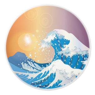 Bouton De Porte En Céramique Japonais Wave Art Sunset Ocean