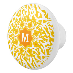 Bouton De Porte En Céramique Jaune ensoleillé de monogramme d'étoiles de mer de