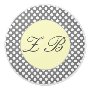 Bouton De Porte En Céramique Jaune et gris monogrammes avec Pois blancs