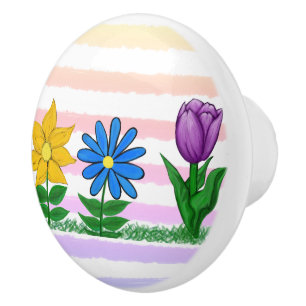 Bouton De Porte En Céramique Jaune floral bleu violet rayures aquarelle