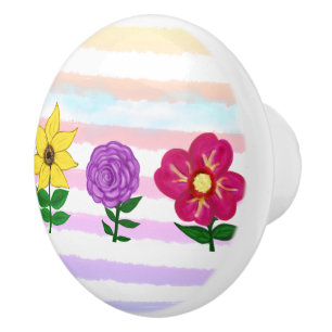 Bouton De Porte En Céramique Jaune Floral Rose Violet Rayures Aquarelle