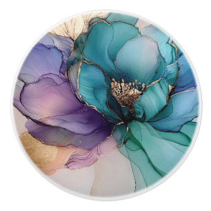 Bouton De Porte En Céramique Joli Aqua bleu violet or Floral