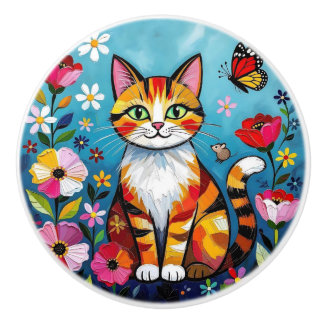 Bouton De Porte En Céramique Joli Art Populaire Coloré Chat et Fleurs