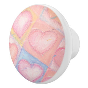 Bouton De Porte En Céramique Joli Bébé Bleu rose Pastel Coeurs Oeuvre d'art Cer