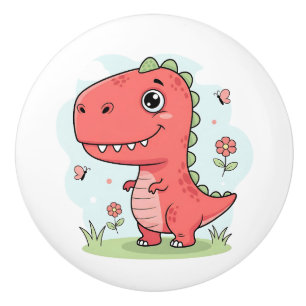 Bouton De Porte En Céramique Joli bébé dinosaure rouge