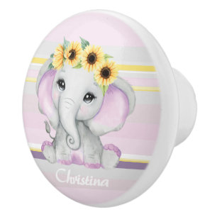 Bouton De Porte En Céramique Joli bébé éléphant timide fille avec Sunflower
