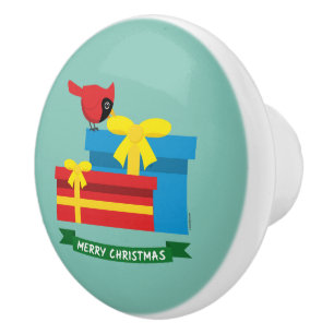 Bouton De Porte En Céramique Joli Cardinal Rouge Ouverture D'Un Cadeau Bleu