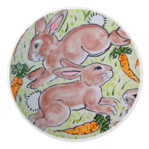 Bouton De Porte En Céramique Joli lapin vert Brown lapins Carottes mignonnes