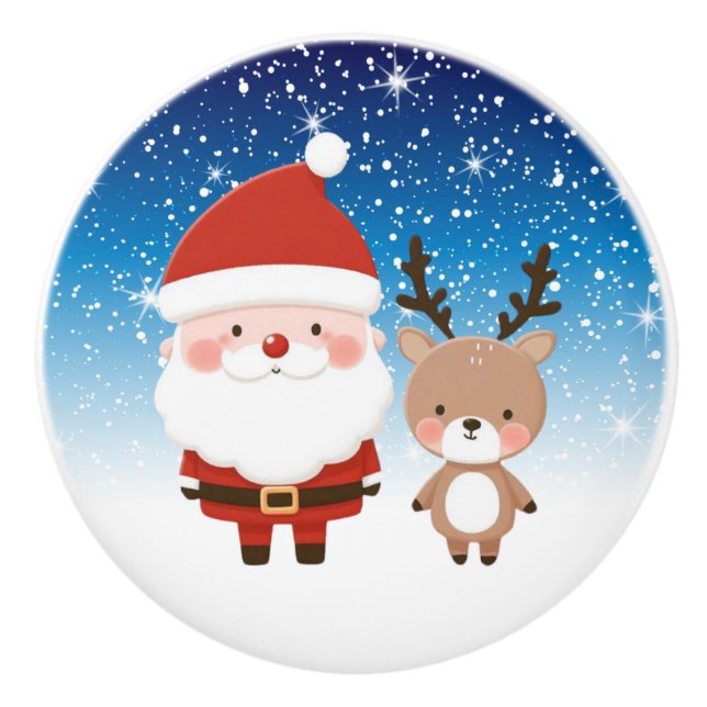 Bouton De Porte En Céramique Joli Noël Père Noël & Reindeer (Devant)