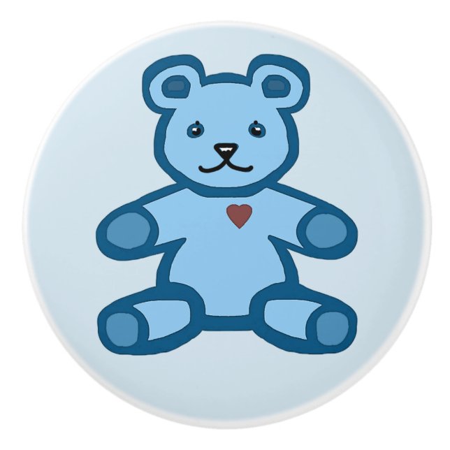 Bouton De Porte En Céramique Joli ours en peluche garçon brun et bleu (Devant)