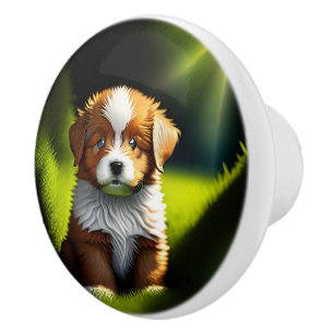 Bouton De Porte En Céramique Joli petit chiot Brown et blanc