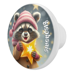 Bouton De Porte En Céramique Joli racoon en rose casquette et étoile nom person