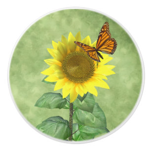 Bouton De Porte En Céramique Joli tournesol jaune et papillon orange