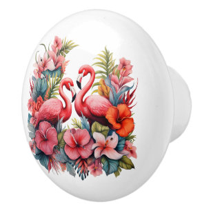 Bouton De Porte En Céramique Jolie maison de plage rose flamingo