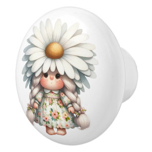 Bouton De Porte En Céramique Jolie petite fille de marguerite blanche Gnome