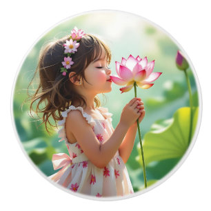 Bouton De Porte En Céramique Jolie petite fille sentant une fleur