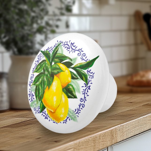 Bouton De Porte En Céramique Jolies citrons et toile bleue (French European Country Kitchen Artisan Knobs with Lemons and Blue Toile)