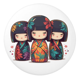 Bouton De Porte En Céramique Jolies poupées kokeshi japonaises