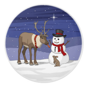 Bouton De Porte En Céramique Joyeux bonhomme de neige de Noël & mignon renne