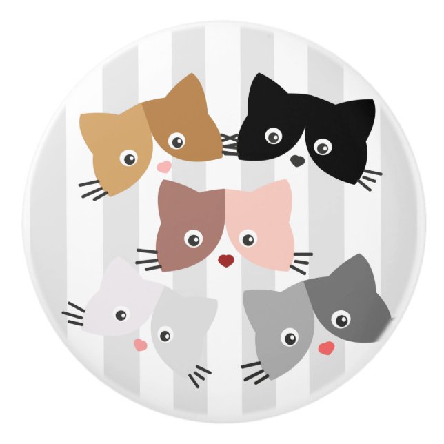 Bouton De Porte En Céramique Joyeux Chatons Curieux (Devant)