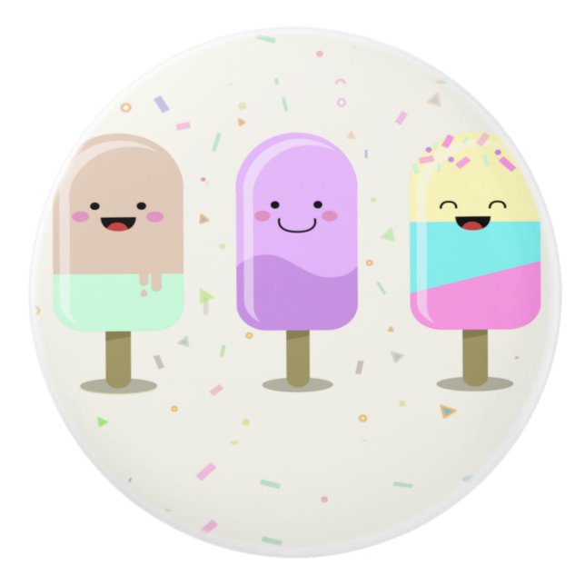 Bouton De Porte En Céramique Joyeux crème glacée Smiling Bars & Popsicles (Devant)