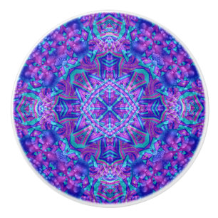 Bouton De Porte En Céramique Kaléidoscope vintage pourpre et bleu de fractale