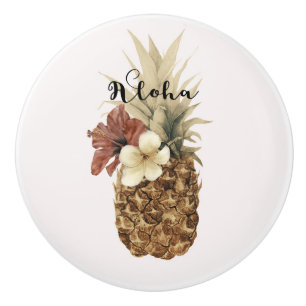 Bouton De Porte En Céramique Ketmie tropicale vintage d'ananas florale Aloha