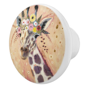 Bouton De Porte En Céramique Klimt Giraffe   Orné De Fleurs