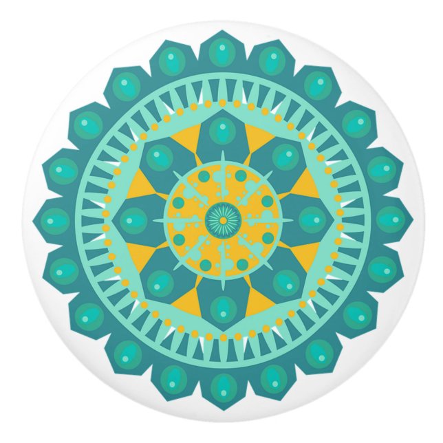 Bouton De Porte En Céramique Knob Mandala turquoise et orange (Devant)