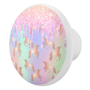 Bouton De Porte En Céramique La parties scintillant arc-en-ciel Unicorn goutte 