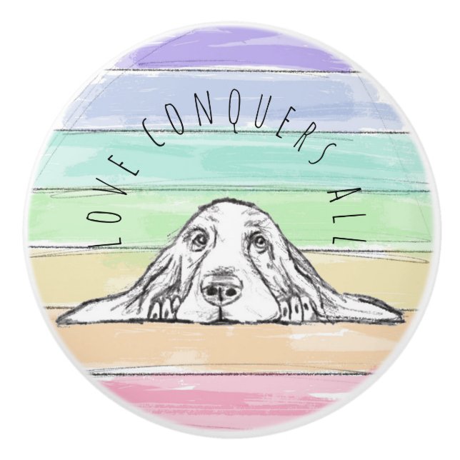 Bouton De Porte En Céramique l'amour conquiert tout chien arc-en-ciel basset ho (Devant)