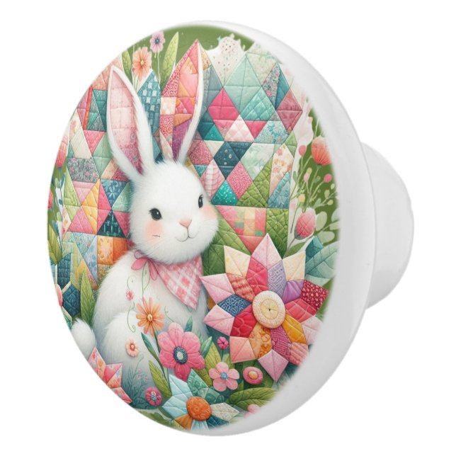 Bouton De Porte En Céramique Lapin avec courtepointe et fleurs (Droite)