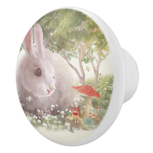 Bouton De Porte En Céramique Lapin avec Fleurs