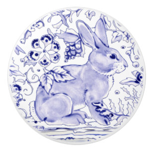 Bouton De Porte En Céramique Lapin Bleu Lapin Floral Delft Dedham Ceramic Pull