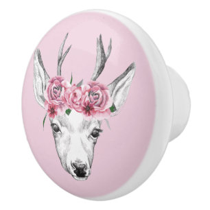 Bouton De Porte En Céramique L'aquarelle fleurit des cerfs communs