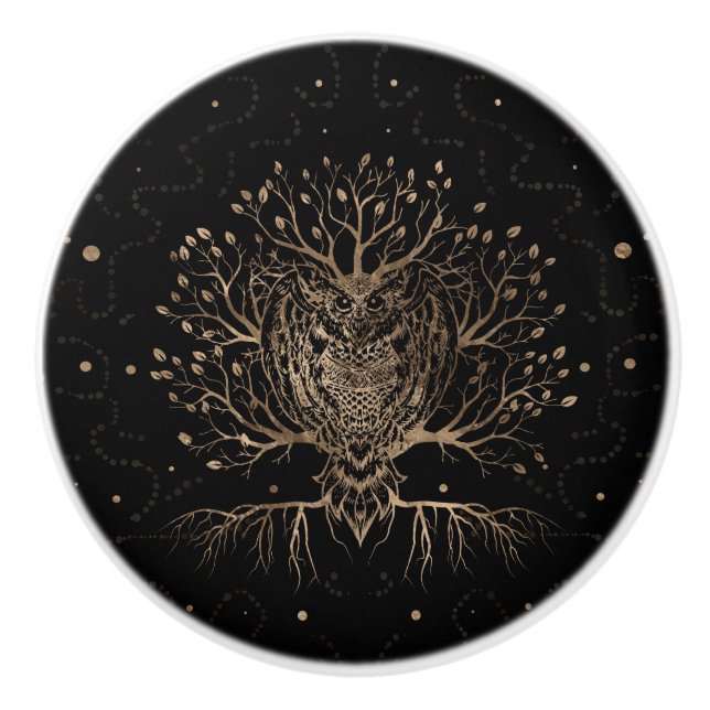 Bouton De Porte En Céramique L'Arbre des Chouettes d'Or (Devant)
