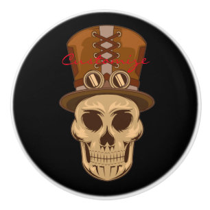 Bouton De Porte En Céramique Le crâne de Steampunk en haut du chapeau Thunder_