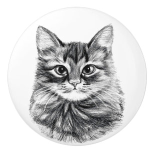 Bouton De Porte En Céramique Le tiroir de visage de chat de dessin au crayon