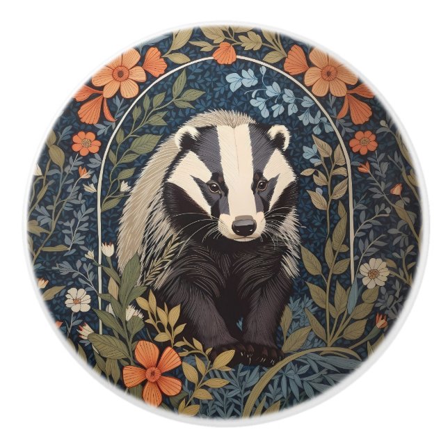 Bouton De Porte En Céramique L'élégant Badger inspiré William Morris (Devant)